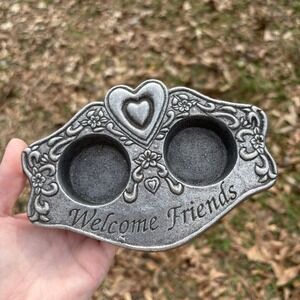 Unique Heart Silver Double Tea Light Holder "Welcome Friends"